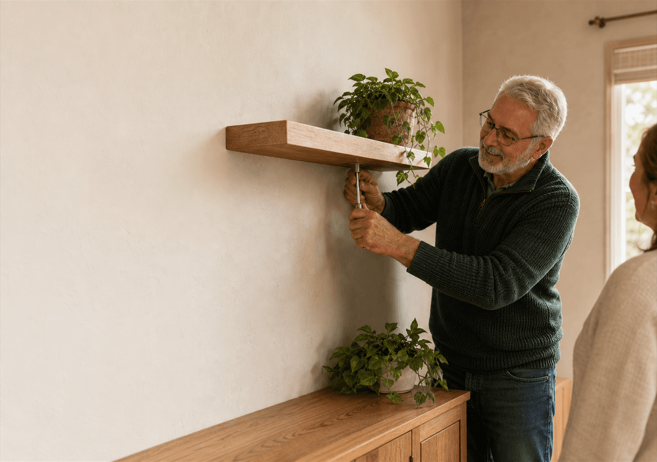 An experienced craftsperson fitting a wooden shelf in a bright home